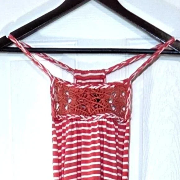 Jessica Simpson Coral/White Striped Tessanne Crochet-Trim Maxi Dress Size Large - Picture 3 of 9